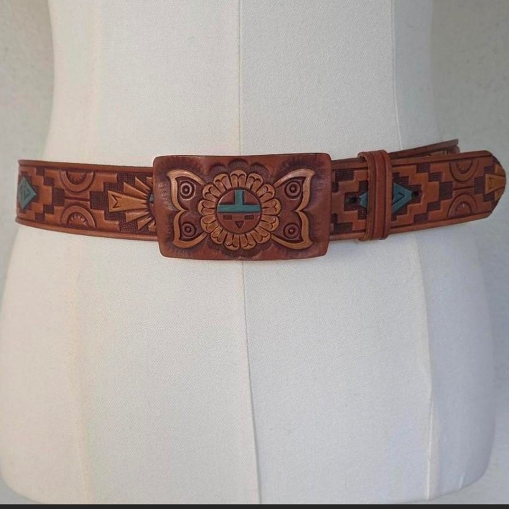 NWOT Vintage 70s Tooled Leather Zuni Sun Hand Painted Western Boho Belt 34 - Picture 6 of 11